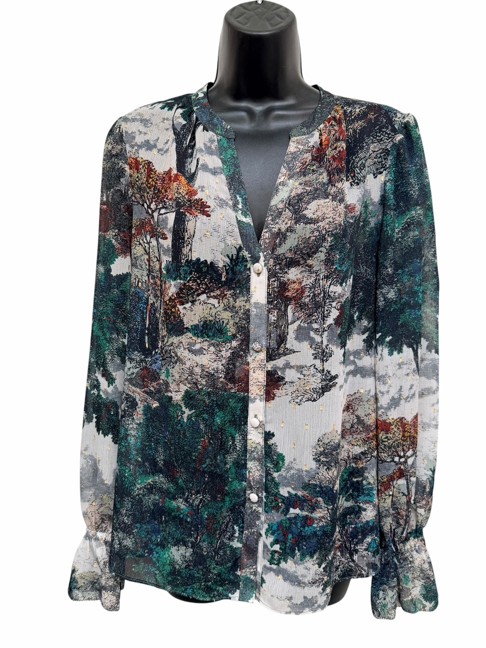 White House Black Market M Scenic Toile Print Sheer Blouse Ruffle Cuff - Picture 3 of 15